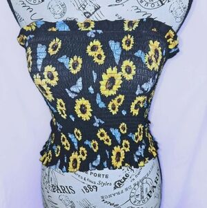 Rue21 Black Smocked Tube Crop Top with Yellow Sunflowers and Light Blue Accents